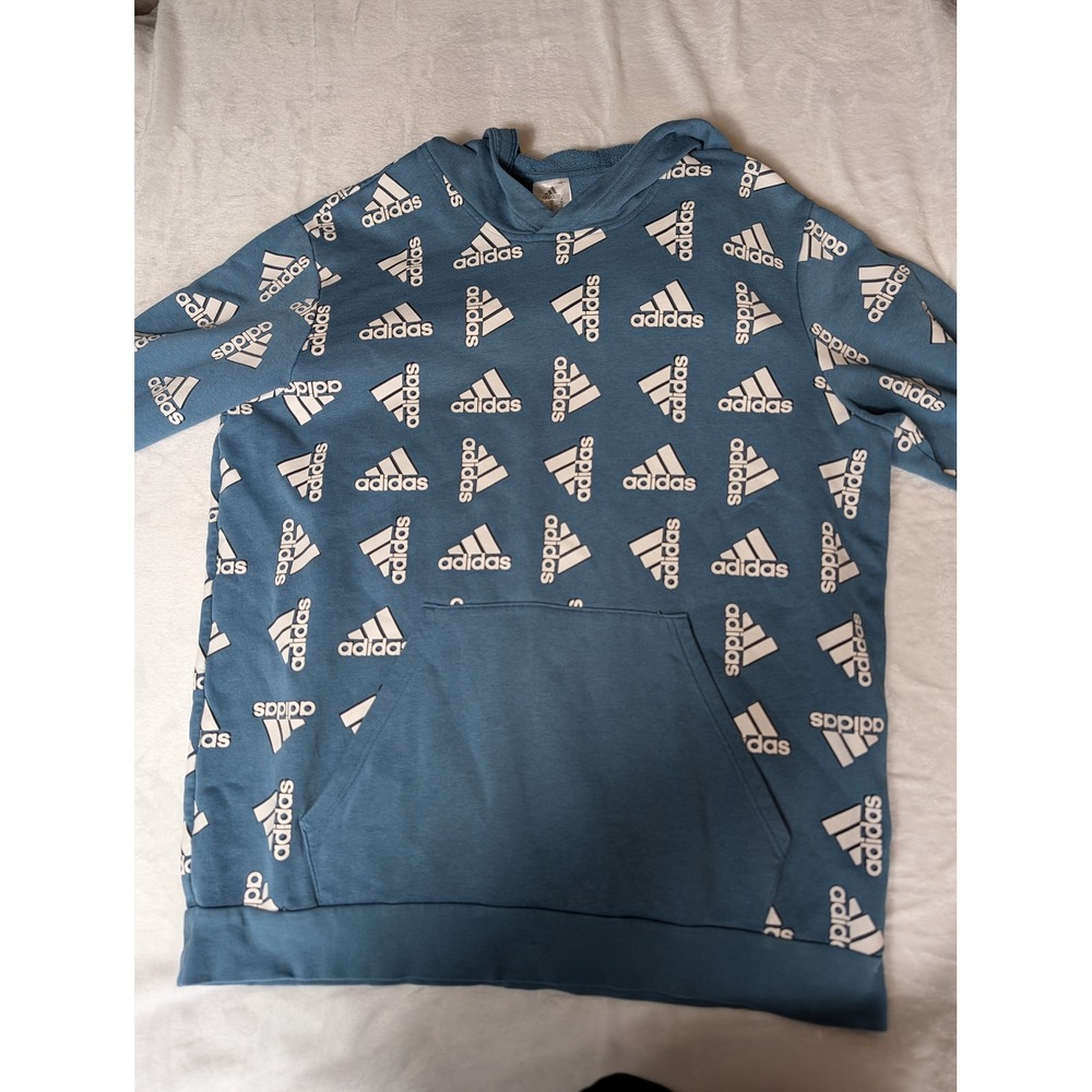 Adidas Mens XL Blue All Over Logo Print Hoodie Pullover Sweatshirt Streetwear